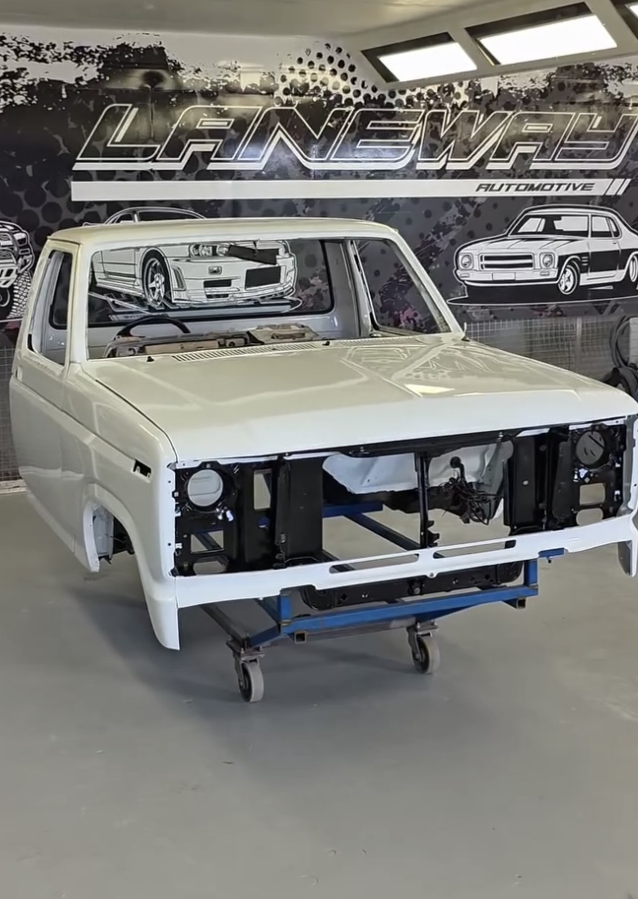 Classic ute shell in primer during restoration at Laneway Nostalgia