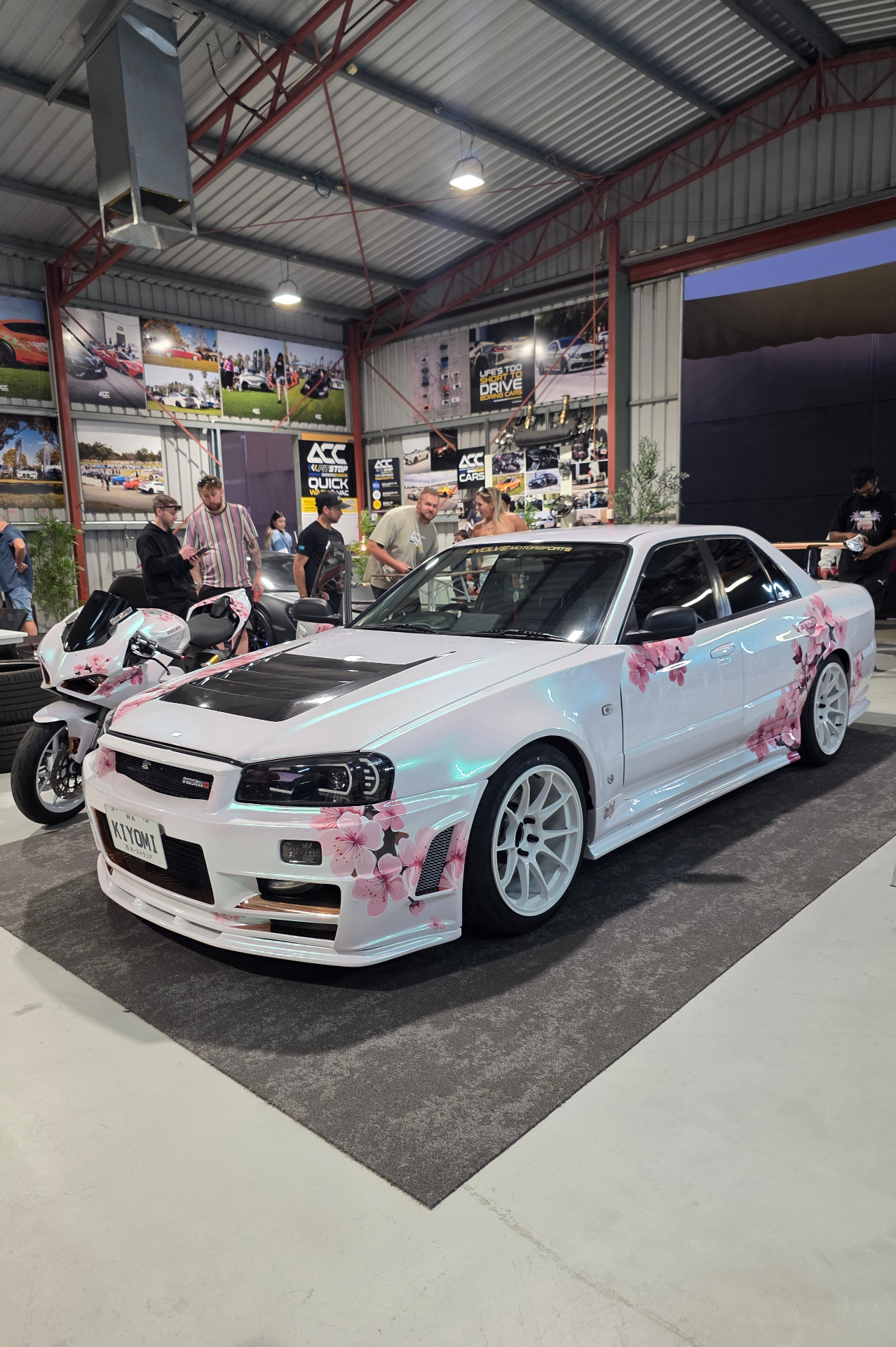 White Nissan Skyline R34 in the Laneway Automotive workshop